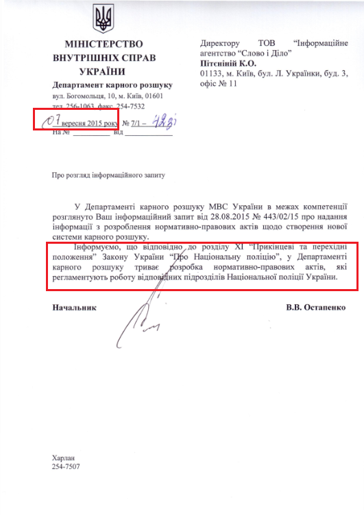 Лист МВС України від 7 вересня 2015 року