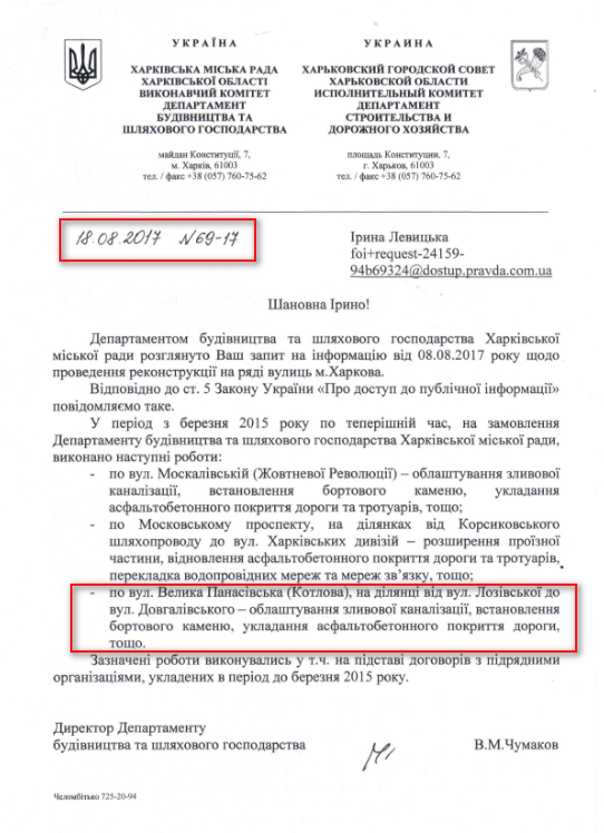 Лист Харківської міської ради від 18 серпня 2017 року