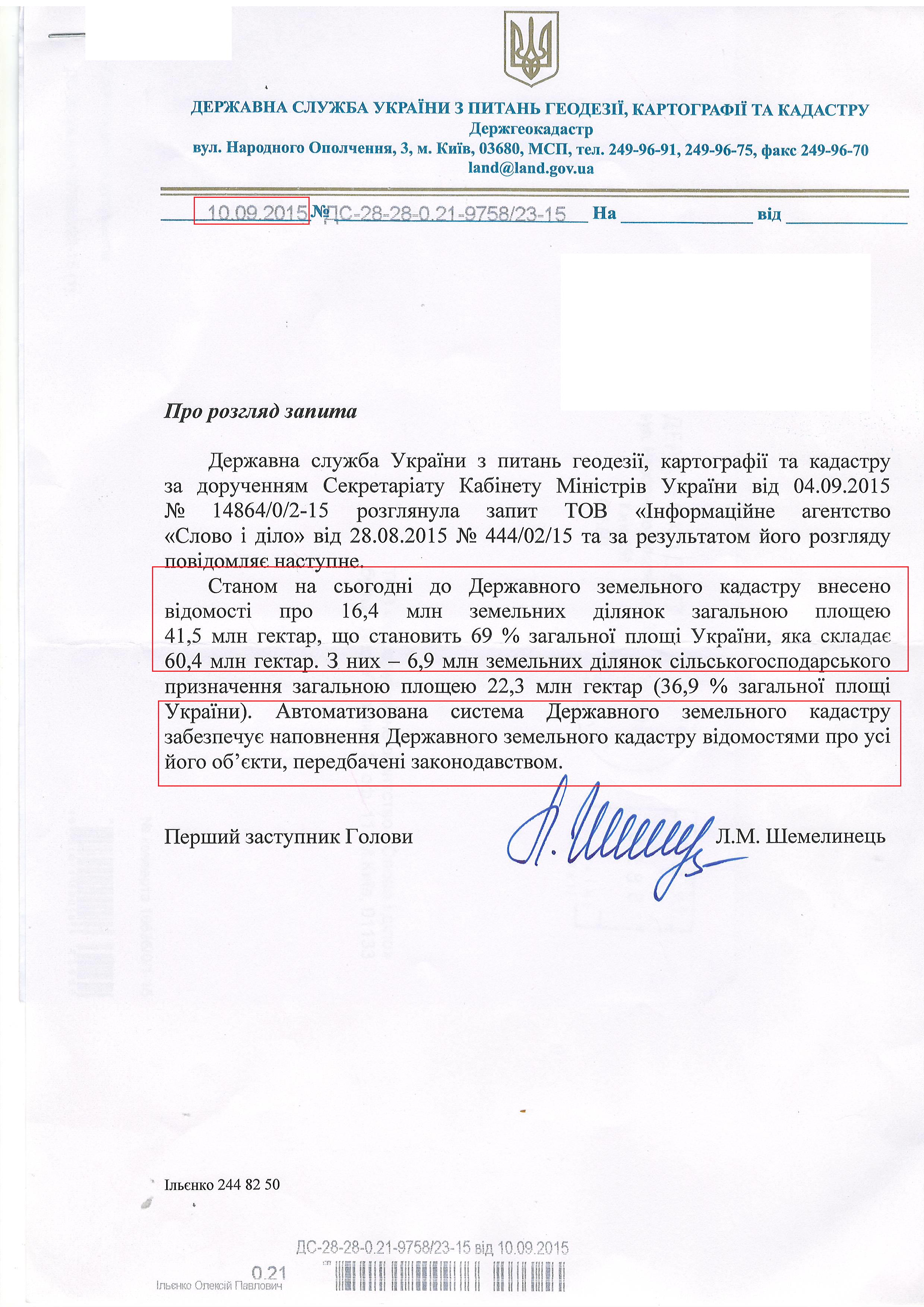 Лист Державної служби України з питань геоденезії, картографії та кадастру від 10 вересня 2015 року