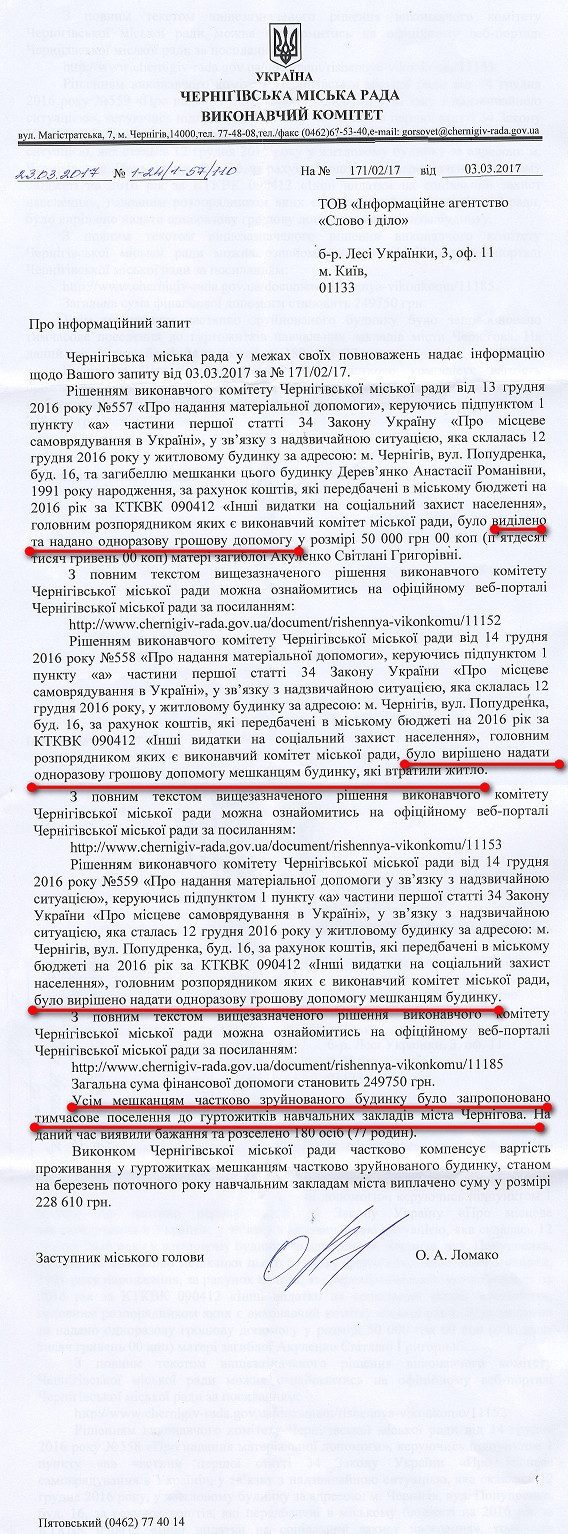 Лист Чернігівської міської ради від 23 березня 2017 року