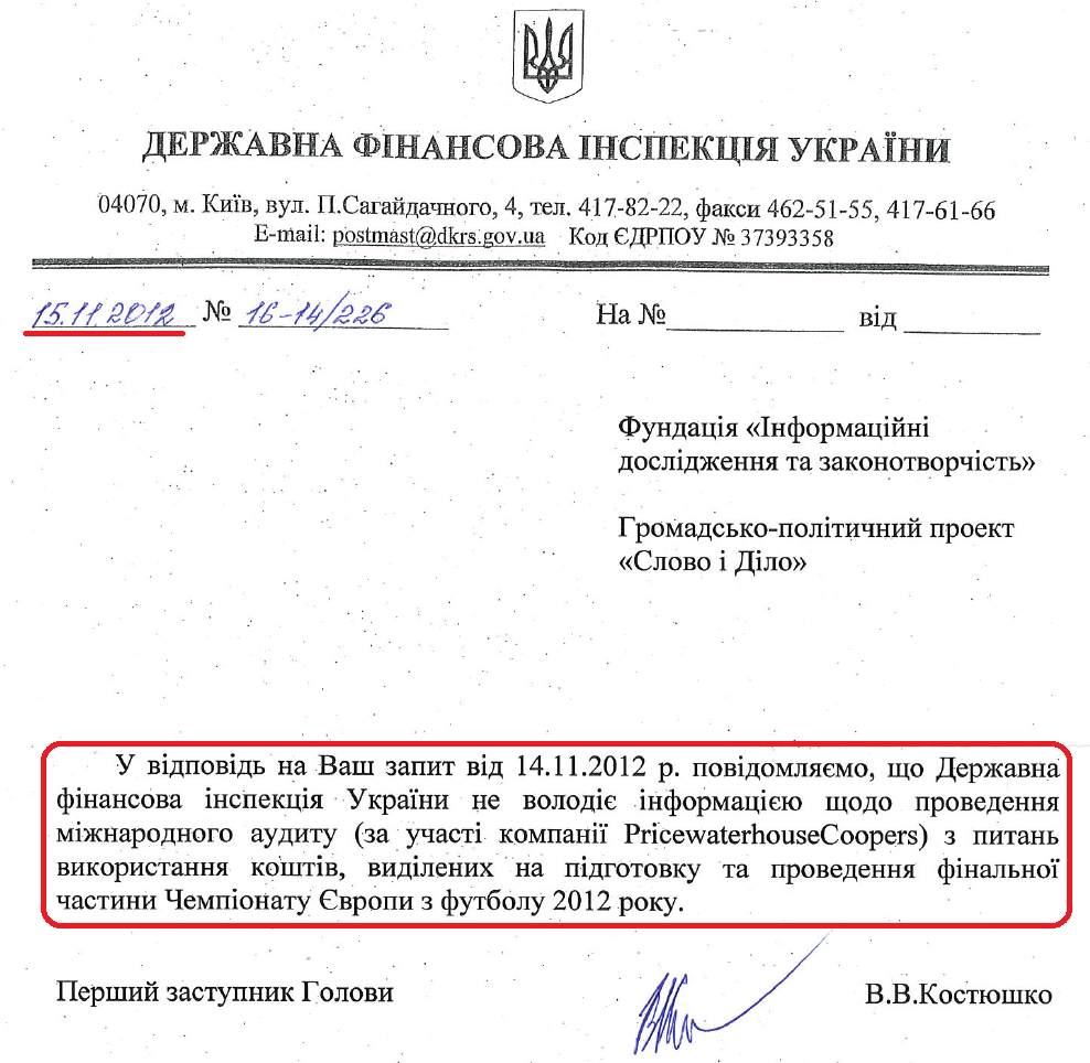 Лист Першого заступника Голови Держфінінспекції В.В.Костюшка від 15 листопада 2012 року