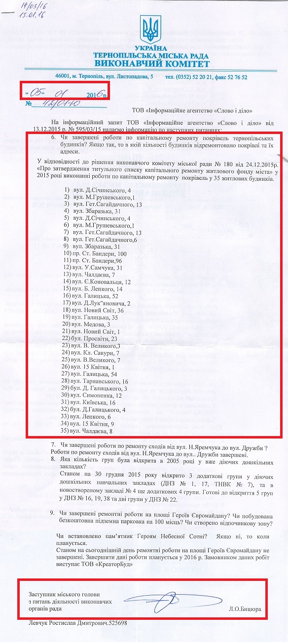 Лист Заступника міського голови Тернополя з питань діяльності виконавчих органів ради Бицюри Л.О.