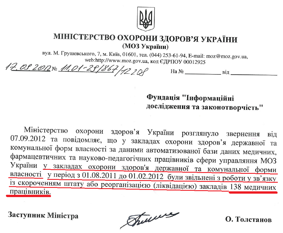 Лист Заступника міністра охорони здоров'я О.К.Толстанова від 17 вересня 2012 року