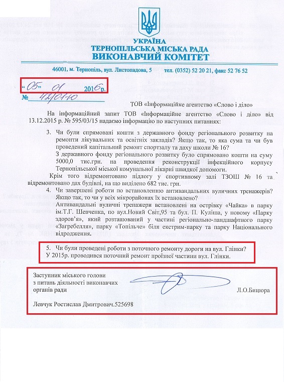   Лист Заступника міського голови Тернополя з питань діяльності виконавчих органів ради Бицюри Л.О.