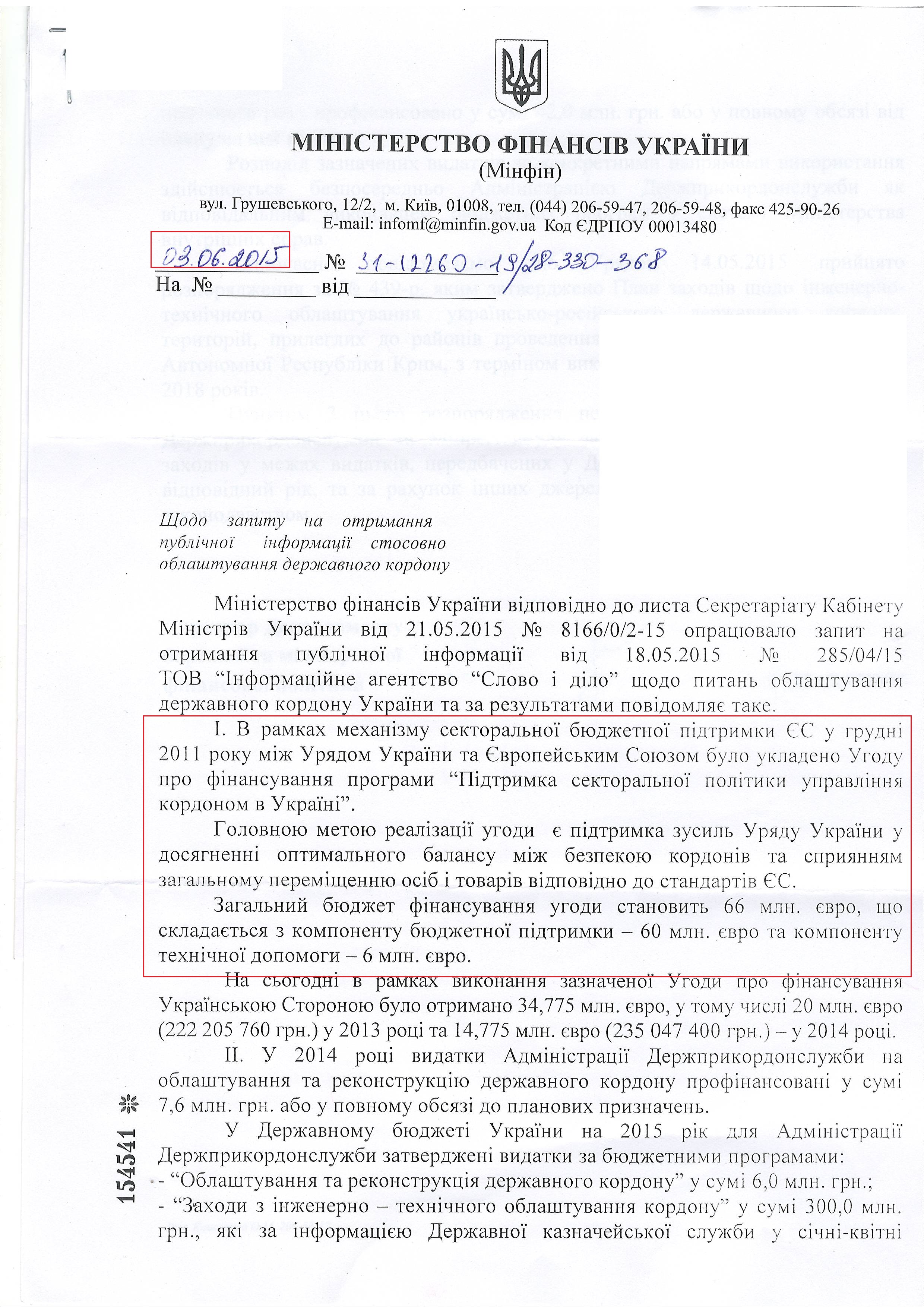 Лист міністерства фінансів України від 3 червня 2015 року
