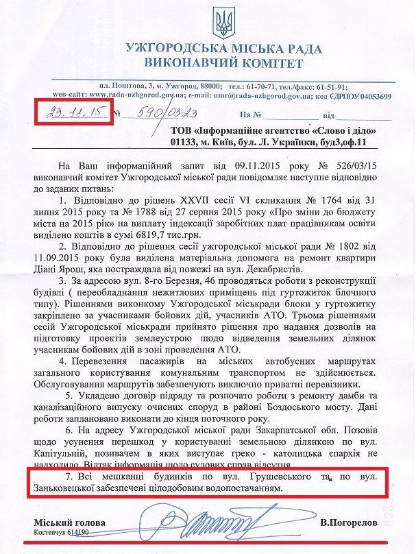 Лист міського голови Ужгорода В. Погорєлова