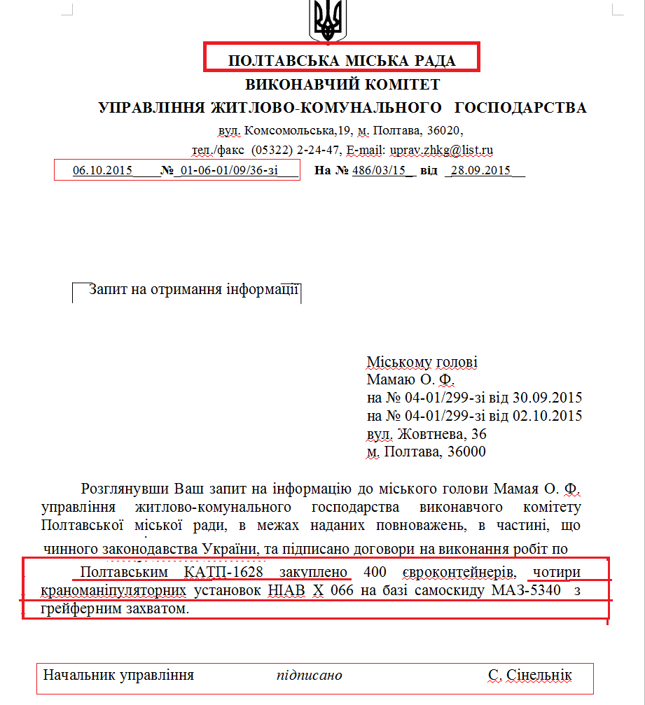 Лист Полтавської міської ради від 6 жовтня 2015 року