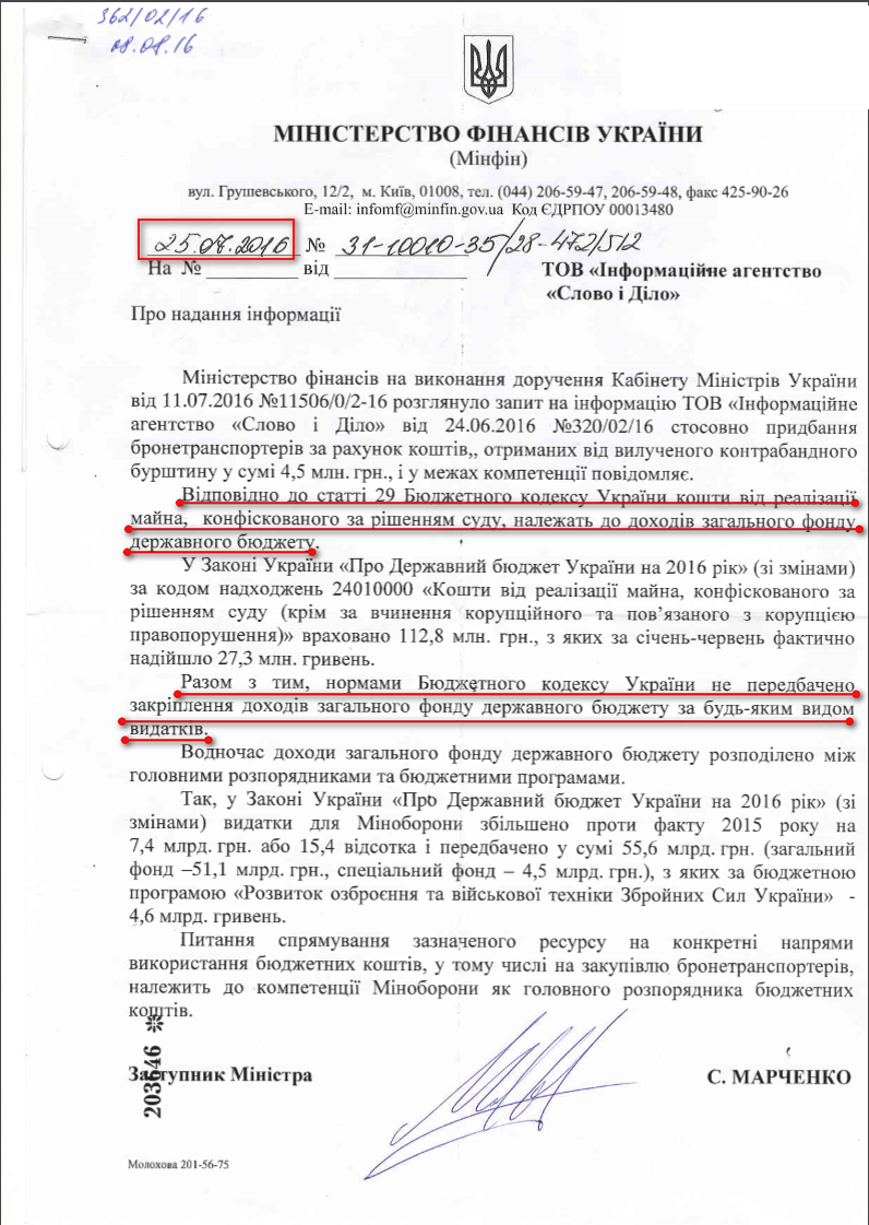Лист Міністерства Фінансів України від 25 липня 2016 року