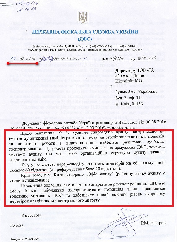 Лист голови ДФС Романа Насірова від 10 жовтня 2016 року