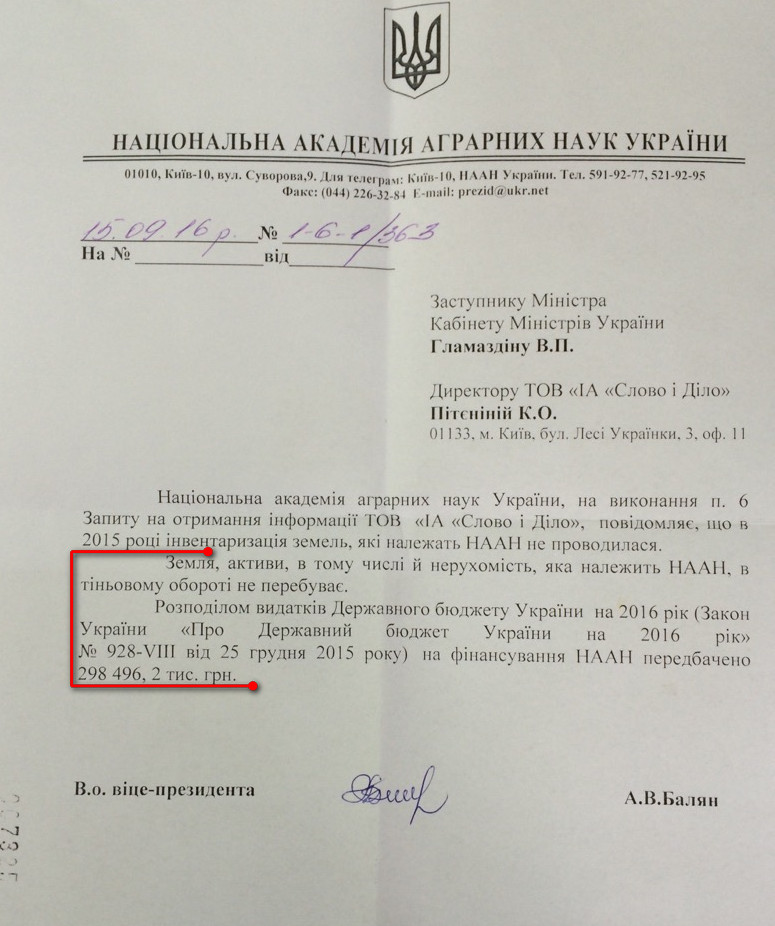 Лист в.о. віце-президента Нацакадемії агронаук Ануш Балян від 15 вересня 2016 року