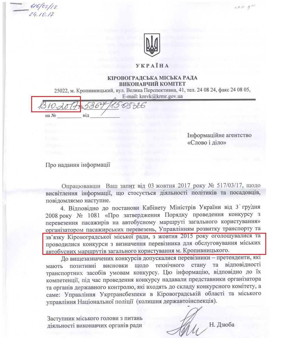 Лист від виконавчого комітету Кіровоградської міської ради