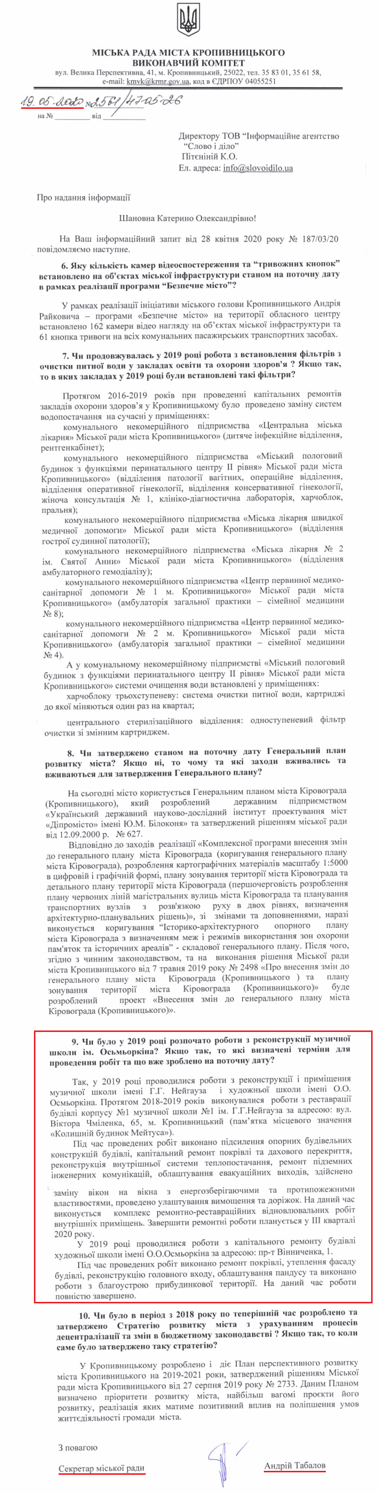 Лист секретаря міської ради А. Табалова