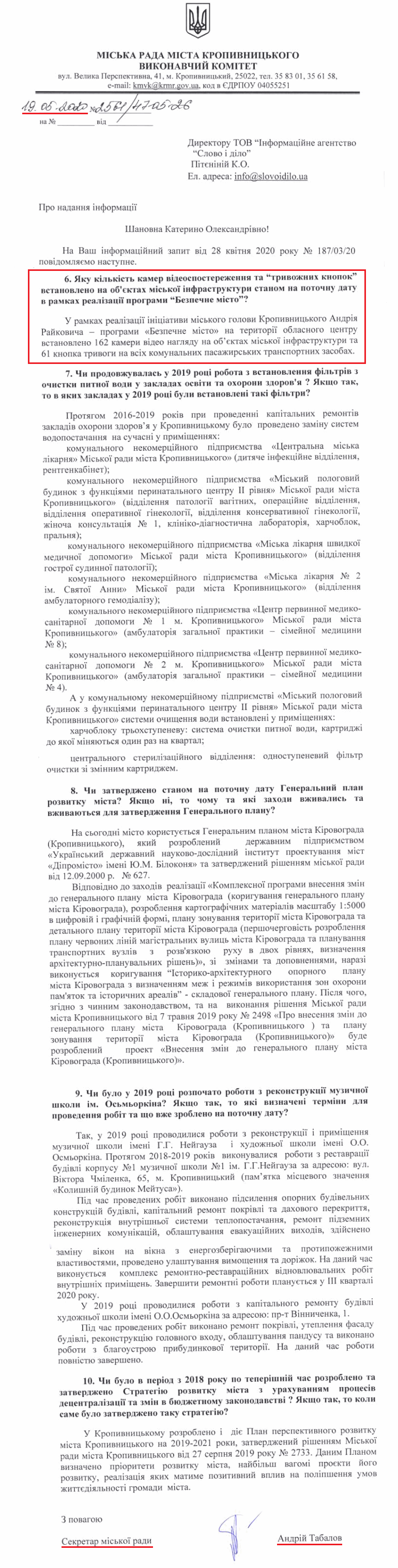 Лист секретаря міської ради А. Табалова