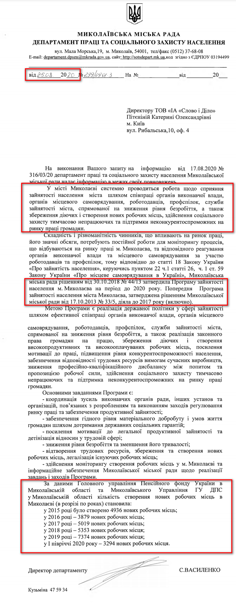 Лист Миколаївської міської ради від 25 серпня 2020 року
