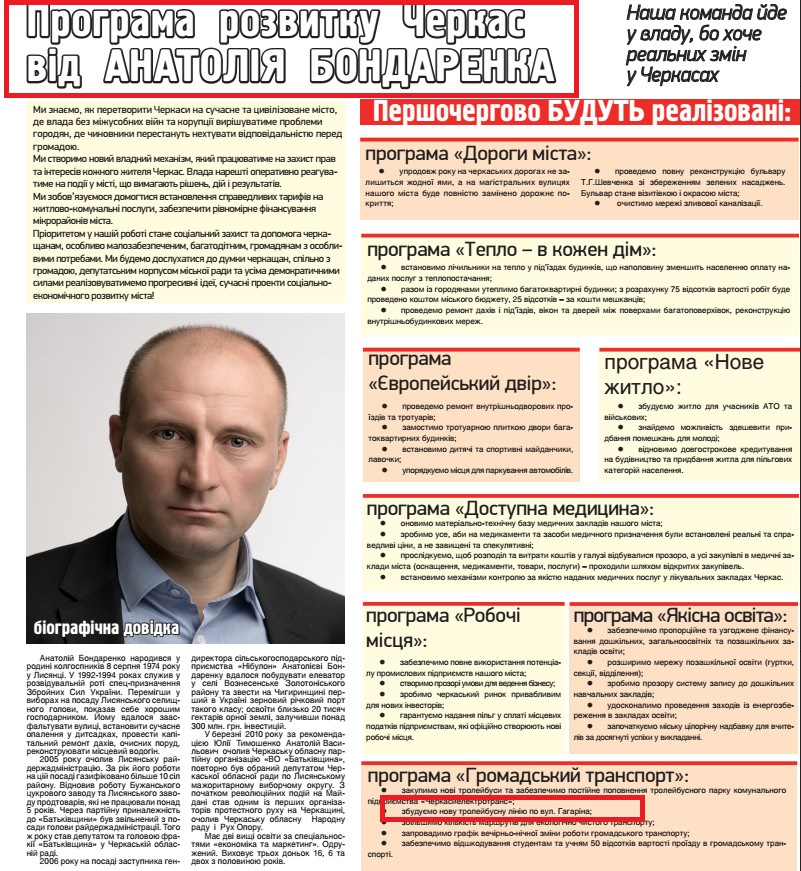 Передвиборна програма кандидата на посаду міського голови Черкас Анатолія Бондаренка