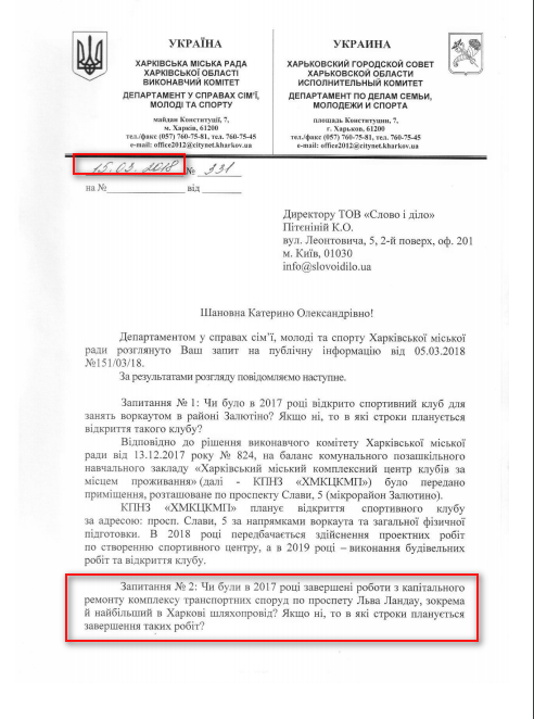 Лист Харківської міської ради від 15 березня 2018 року
