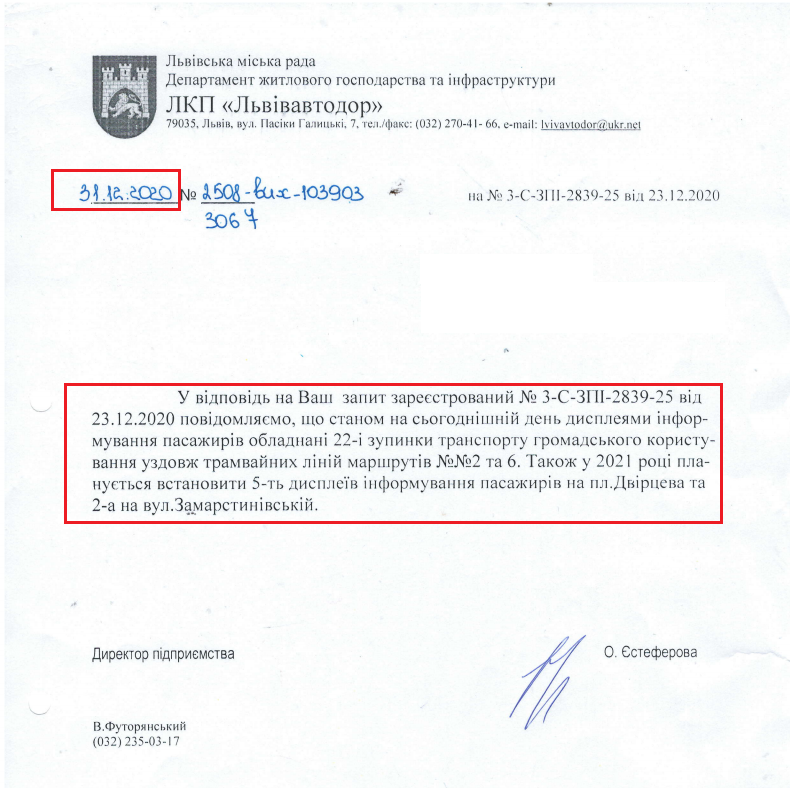 Лист Львівської міської ради від 31 грудня 2020 року