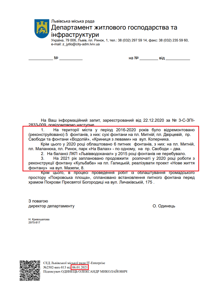Лист Львівської міської ради від 6 січня 2021 року 