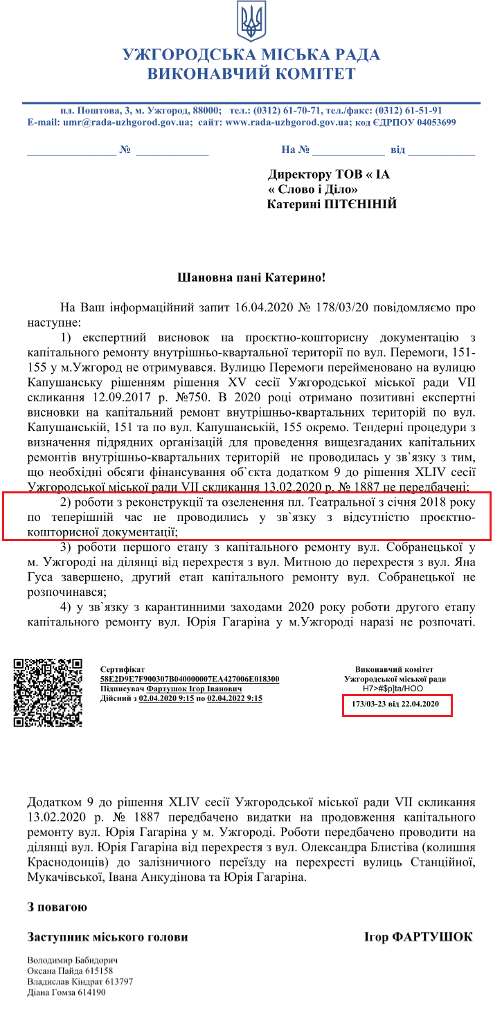 Лист Ужгородської міської ради від 22 квітня 2020 року