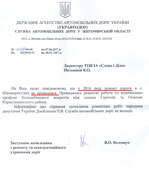 Лист Служби автомобільних доріг в Житомирській області від 7 червня 2017 року