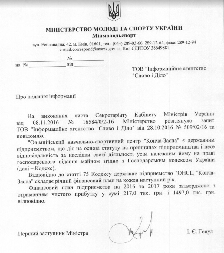 Лист першого заступника міністра молоді та спорту України Ігоря Гоцула від 14 листопада 2016 року