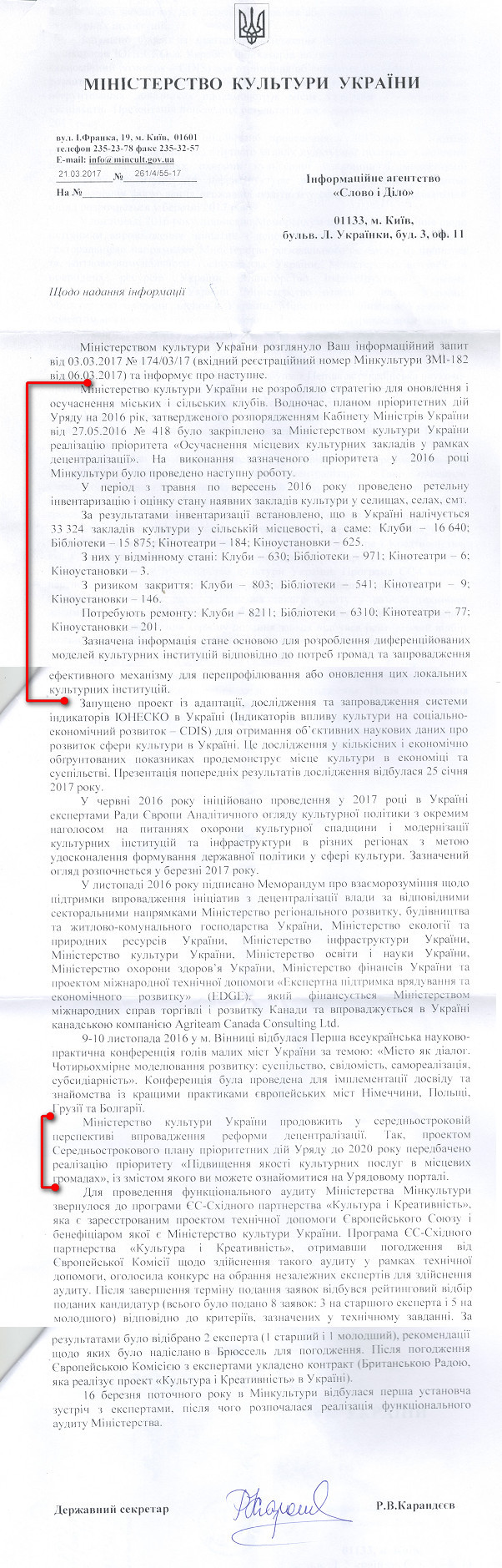 Лист Міністерства культури України від 21 березня 2017 року