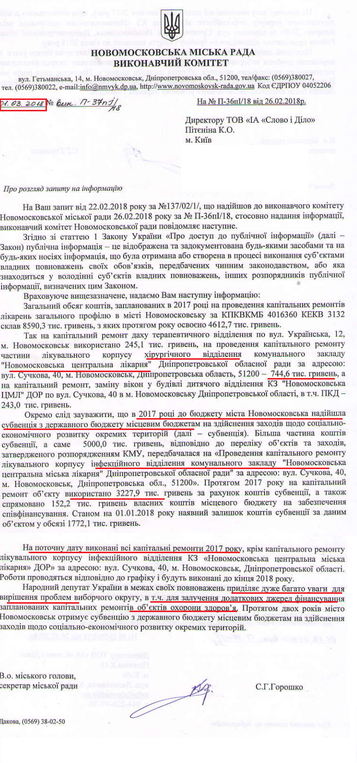Лист Новомосковської міської ради від 1 березня 2018 року