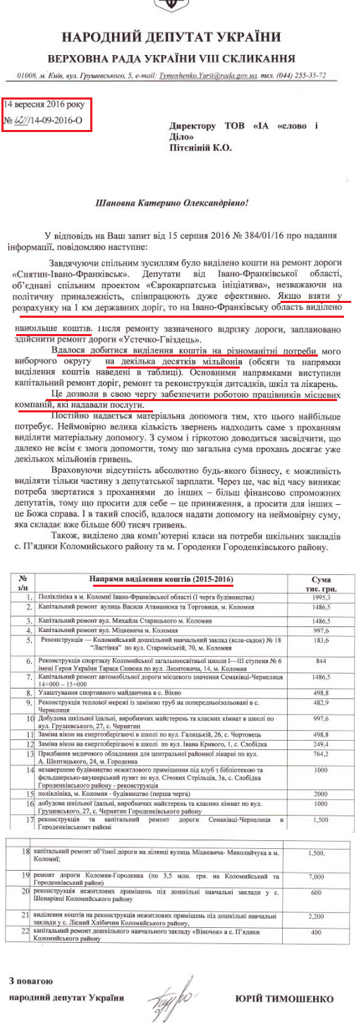 Лист народного депутата України Юрія Тимошенка від 14 вересня 2016 року