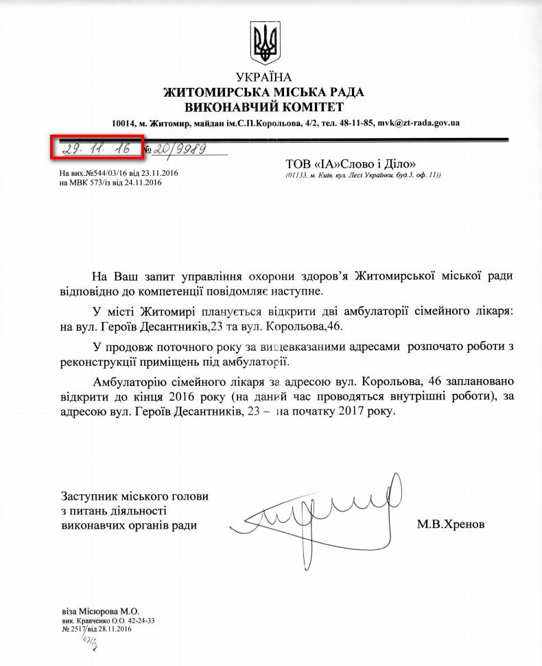Лист заступника міського голови з питань діяльності виконавчих органів ради М.В.Хренова