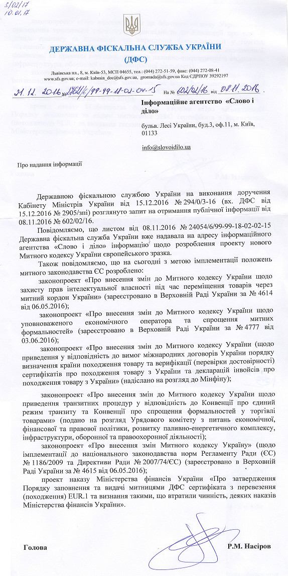 Лист Державної фіскальної служби України від 21 грудня 2016 року