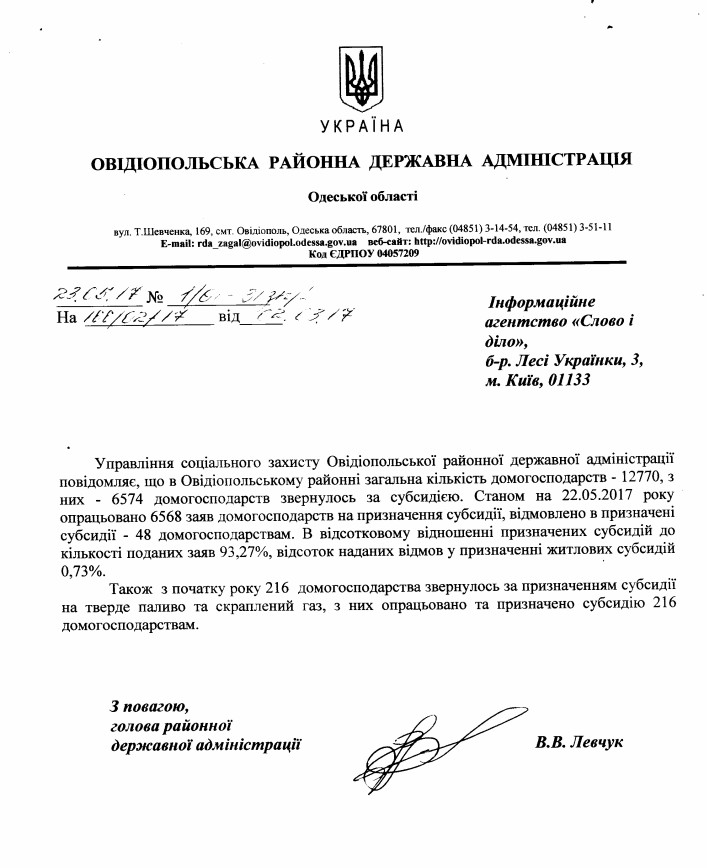 Лист Овідіопольської РДА від 23 травня 2017 року