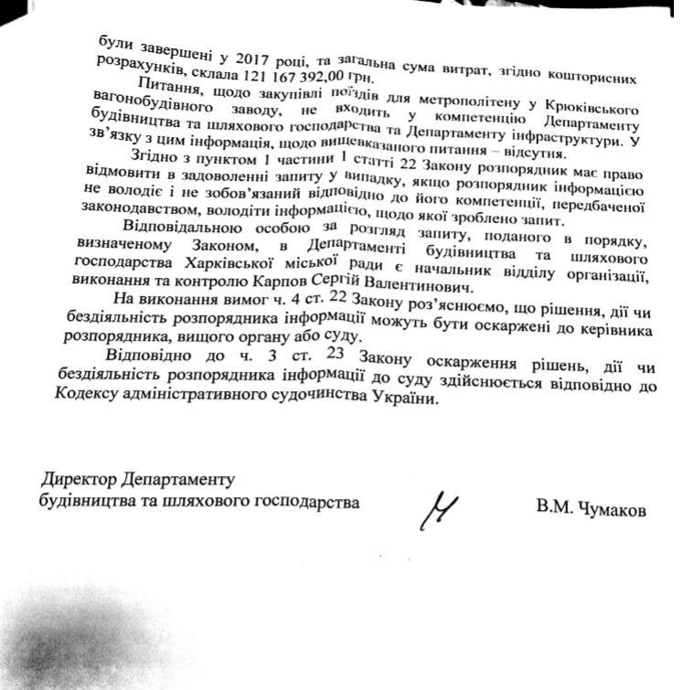Лист Харківської міської ради від 2 жовтня 2017 року