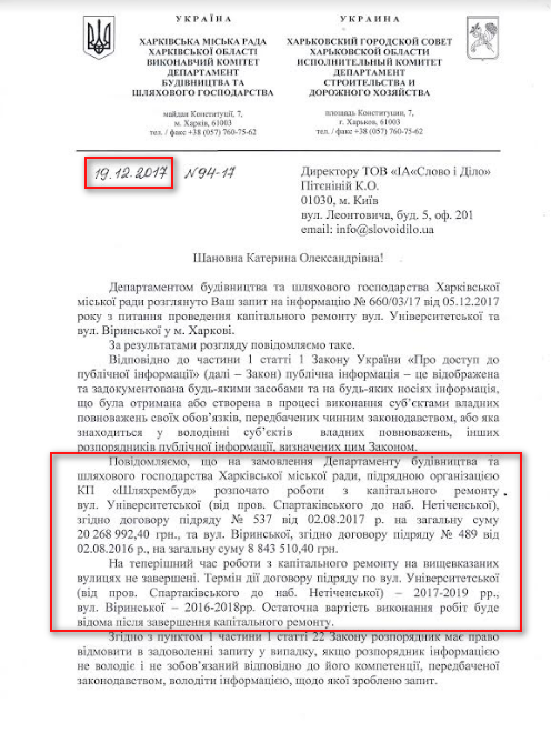 Лист Харківської міської ради від 19 грудня 2017 року