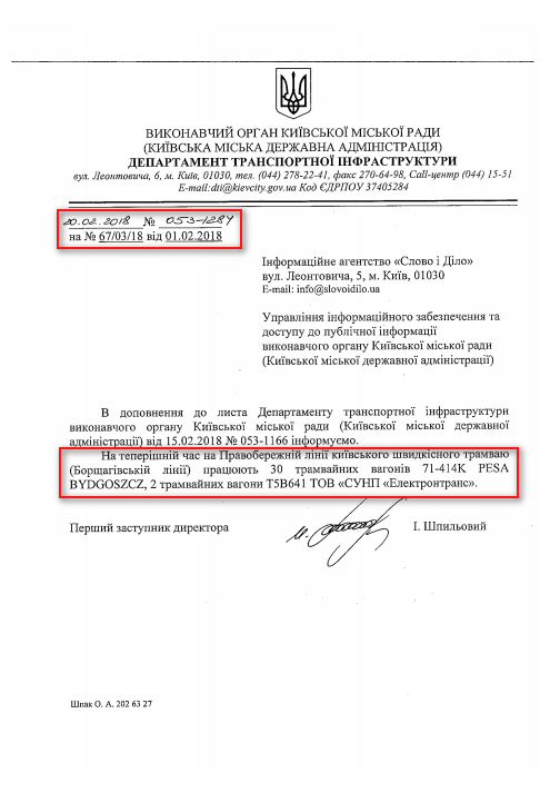 Лист Департаменту транспортної інфраструктури Київської міської державної адміністрації від 20 лютого 2018 року