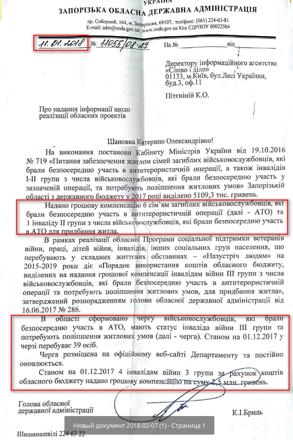 Лист Запорізької обласної державної адміністрації від 11 січня 2018 року