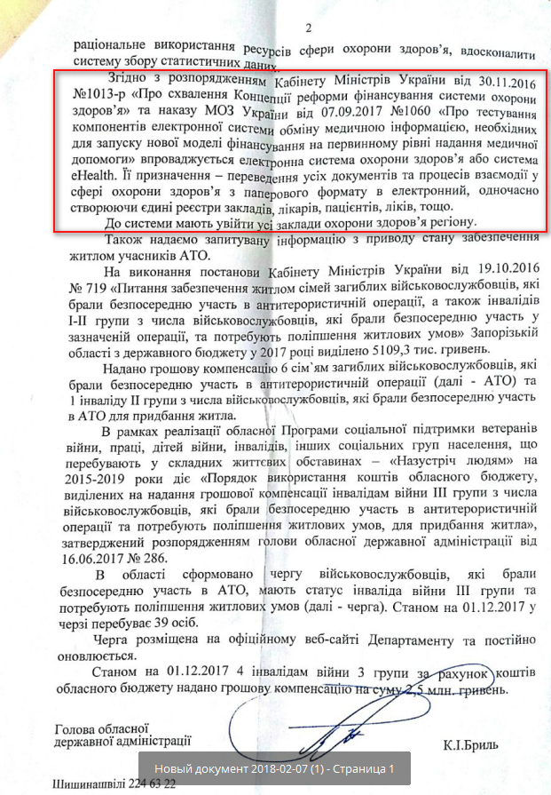 Лист Запорізької обласної державної адміністрації від 11 січня 2018 року