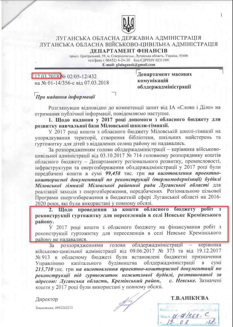 Лист Луганської обласної державної адміністрації від 12 березня 2018 року