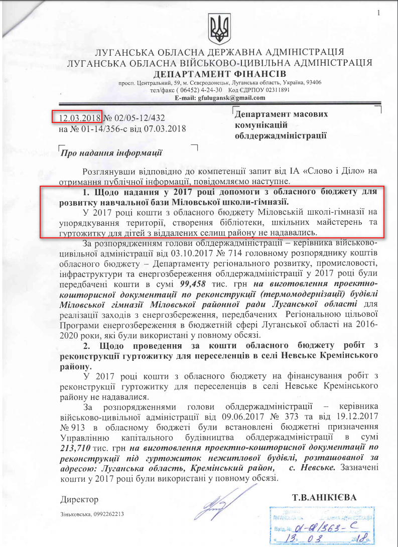 Лист Луганської обласної державної адміністрації від 12 березня 2018 року 