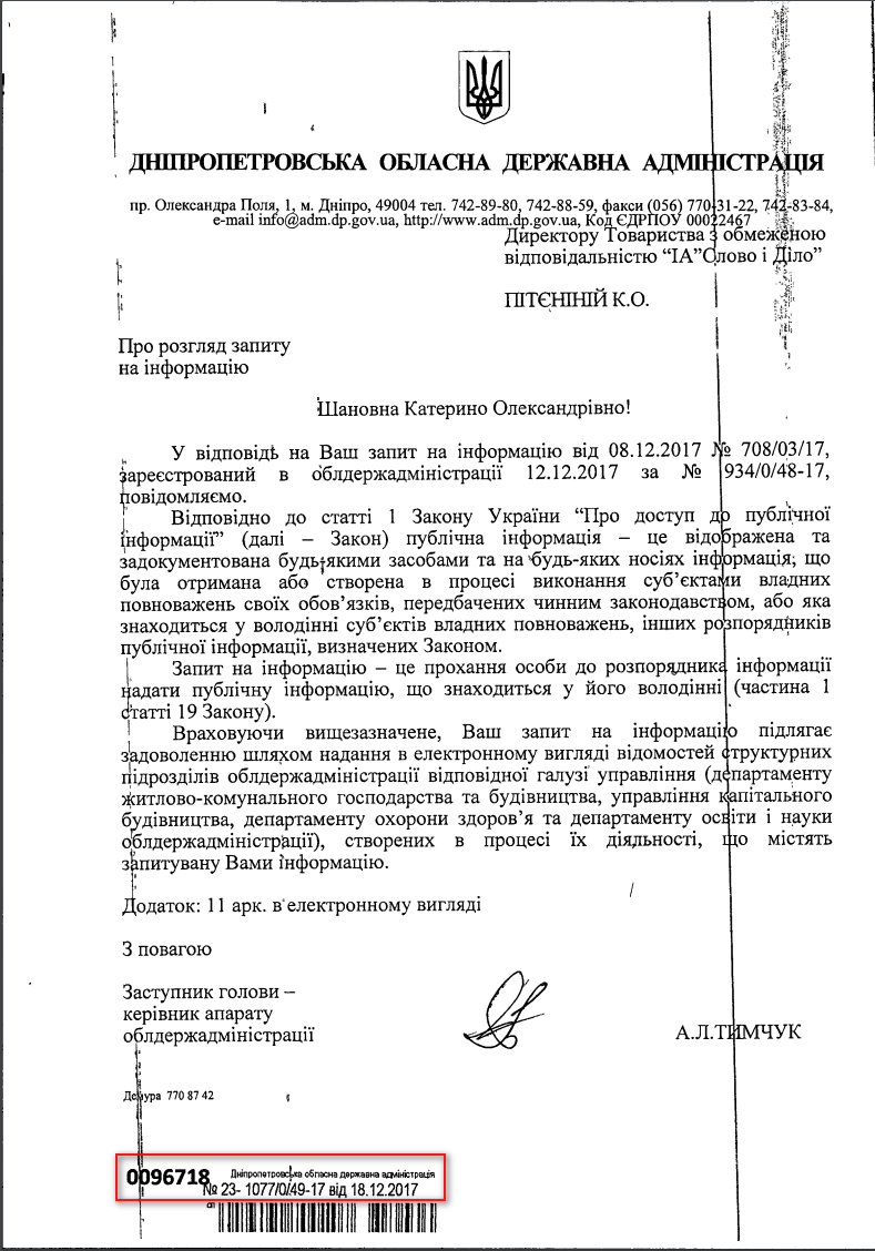 Лист Дніпропетровської обласної адміністрації від 18 грудня 2017 року