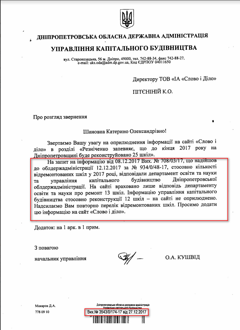 Лист Дніпропетровської обласної адміністрації від 27 грудня 2017 року