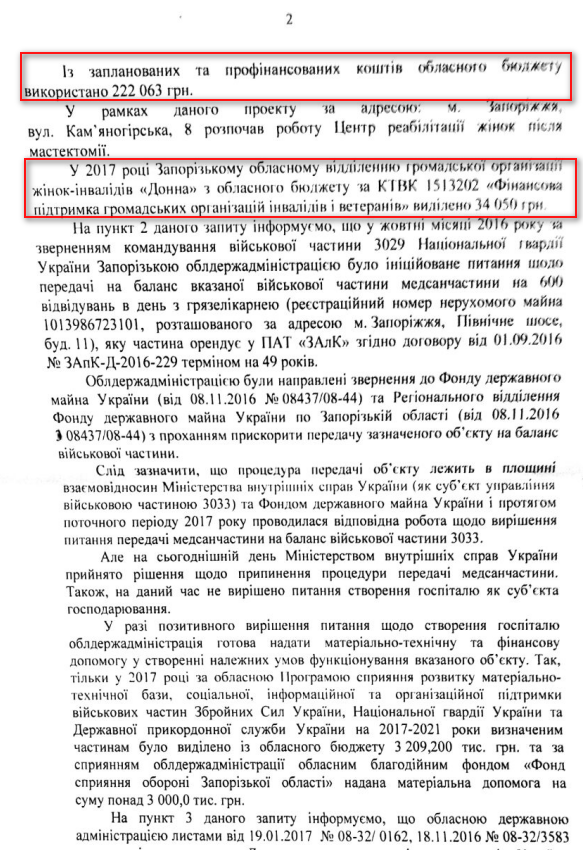 Лист Запорізької обласної державної адміністрації від 26 жовтня 2017 року