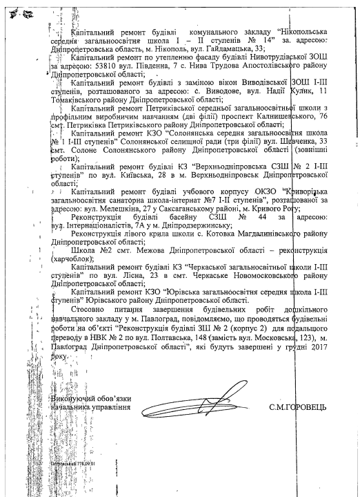 Лист Дніпропетровської обласної адміністрації від 18 грудня 2017 року