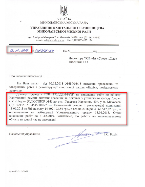 Лист Миколаївської міської ради від 13 грудня 2018 року