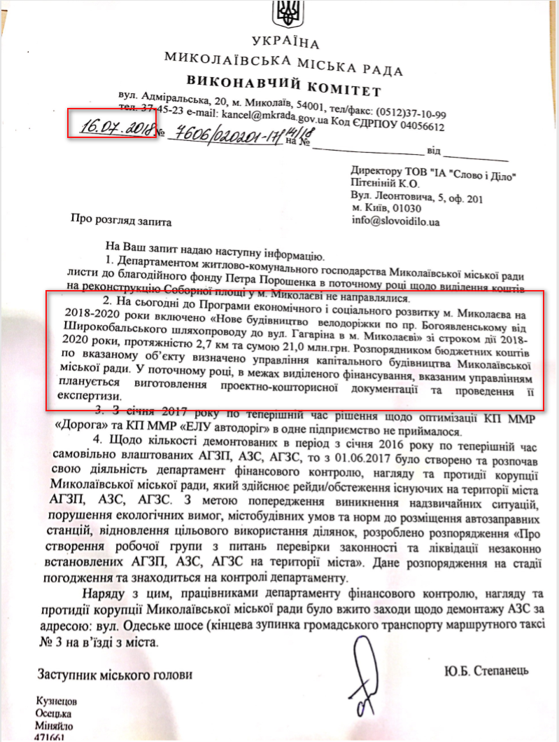 Лист Миколаївської міської ради від 16 липня 2018 року