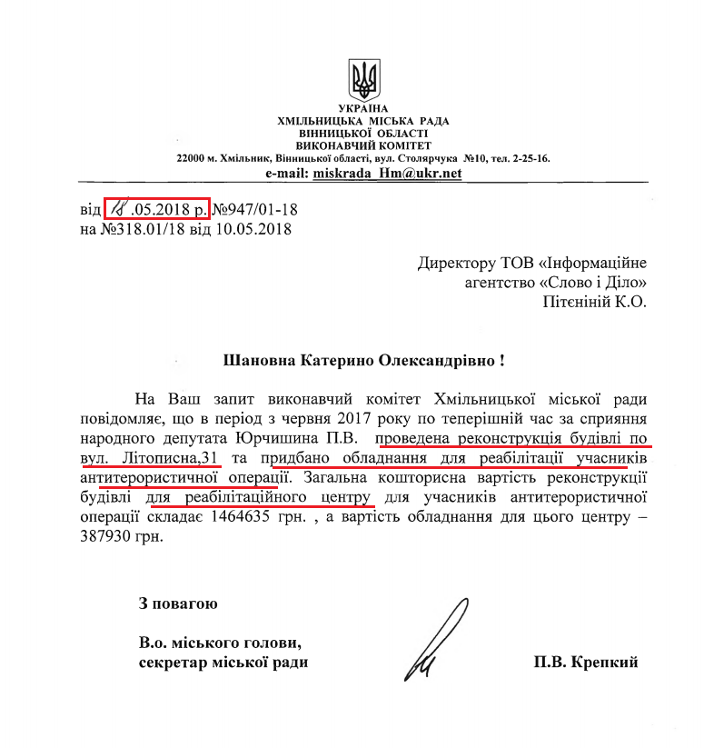 Лист Хмільницької міської ради від 18 травня 2018 року