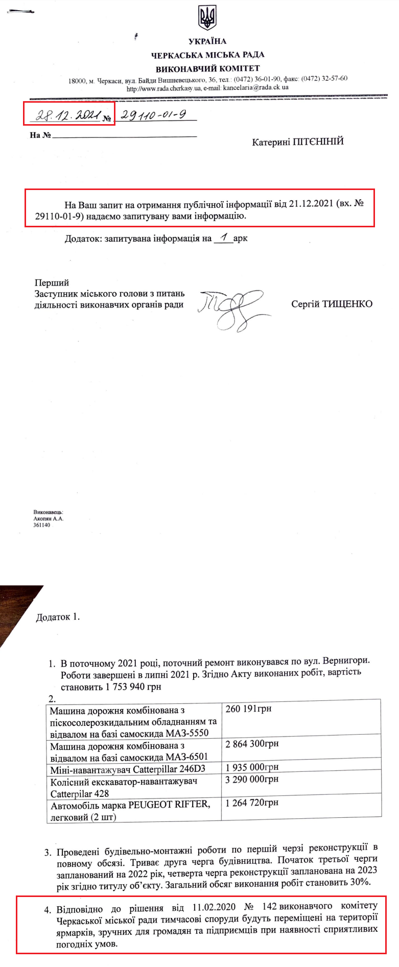 Лист Черкаської міської ради від 28 грудня 2021 року