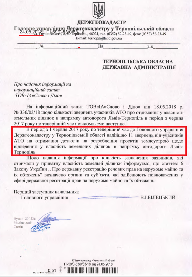 Лист заступника начальника головного управління Держгеокадастру у Тернопільській області