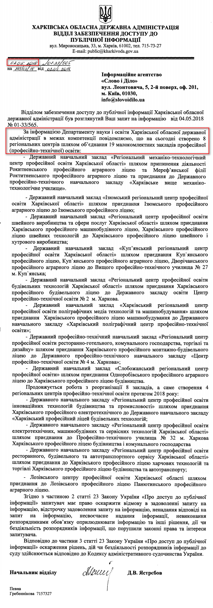 Лист Харківської обласної державної адміністрації від 28 грудня 2017 року 7 травня 2018 року