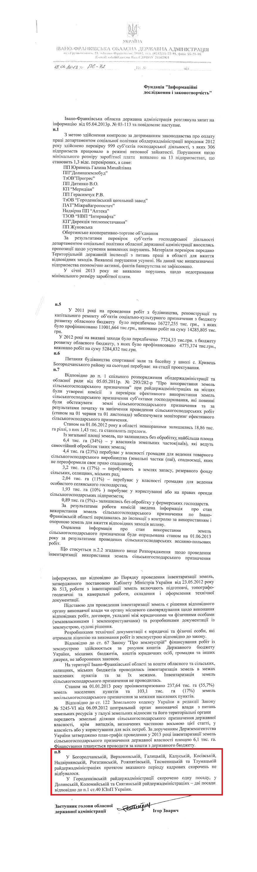 Лист заступника голови Івано-Франківської ОДА І.Зварича