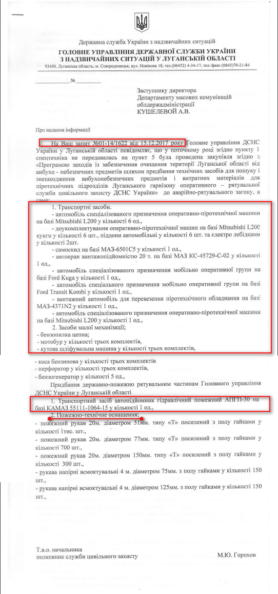 Лист Луганської обласної адміністраціі від 22 грудня 2017 року